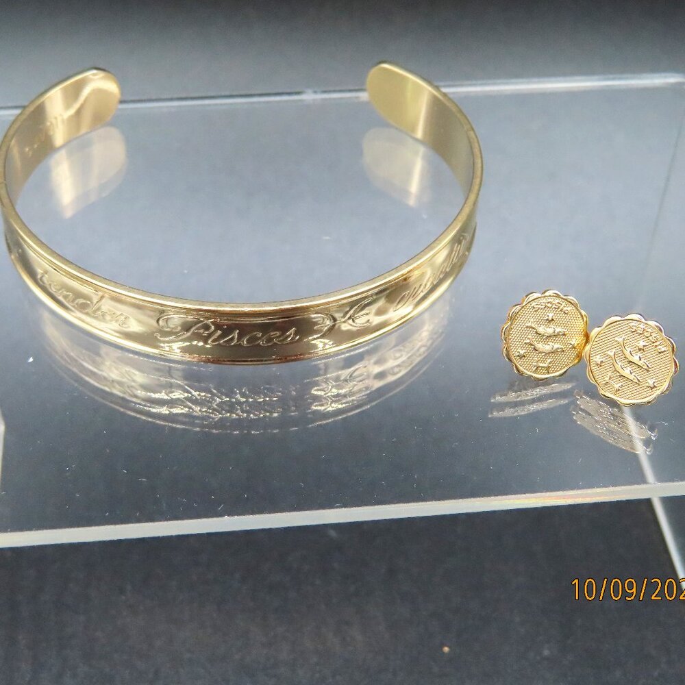 Avon Zodiac "Pisces" Cuff Bracelet & Zodiac "Pisces" Stud Earrings Gold Tone